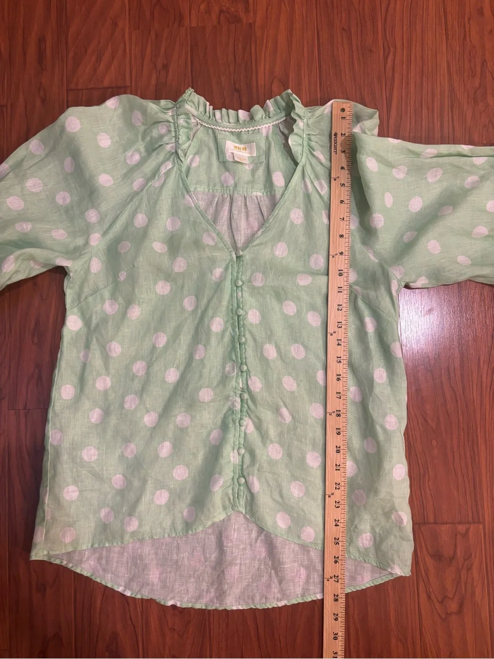Maeve Anthropologie Audie Linen Puff Sleeve Blouse Lime Green White Dot Medium